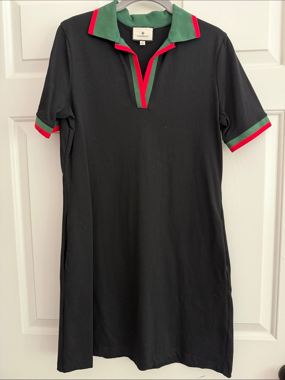Tuckernuck Black Polo Dress with Green Collar and Red Trim, size S